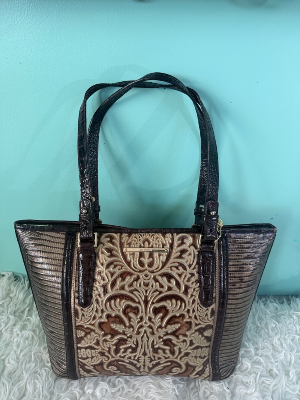 Brahmin Asher Brown and Cream Embossed Floral Shoulder Tote